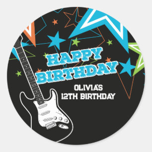 Rock Star Birthday Guitar Stars Blue Orange Classic Round Sticker