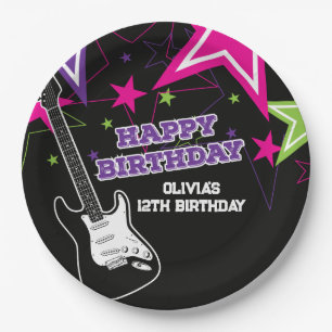 Rock Star Birthday Guitar Stars Pink Purple Paper Paper Plate