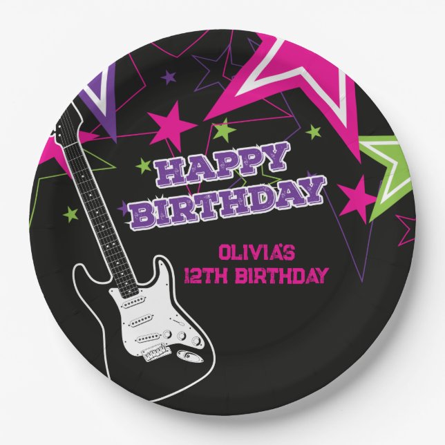 Rock Star Birthday Guitar Stars Pink Purple Paper  Paper Plate (Front)