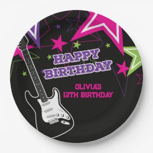 Rock Star Birthday Guitar Stars Pink Purple Paper  Plate