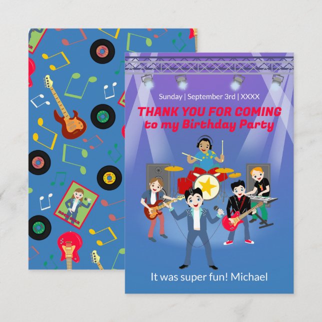 Rock Star Boy Band Birthday Party Thank You Card (Front/Back)