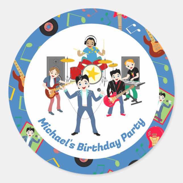 Rock Star Boys Band Birthday Party Classic Round Sticker (Front)