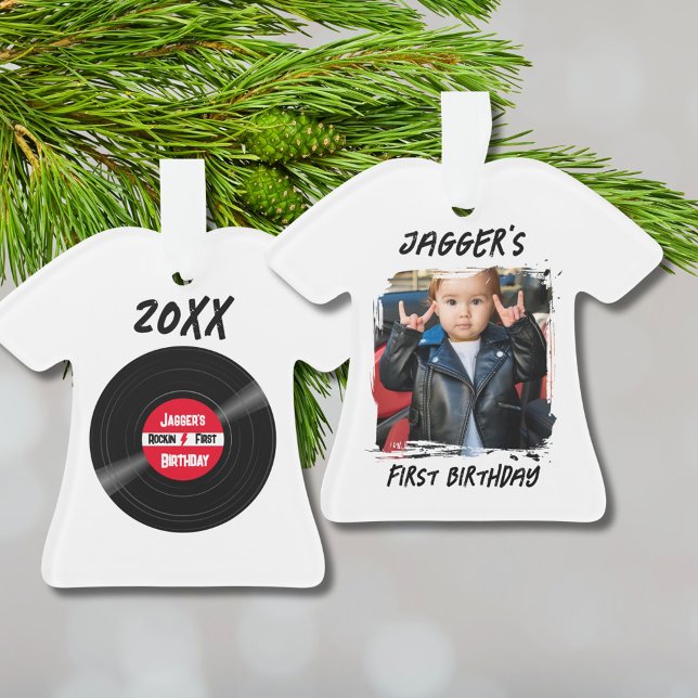 Rock Star First Birthday Record T-shirt blanc (Custom T-shirt keepsake photo ornament to commemorate a rock and roll first birthday)