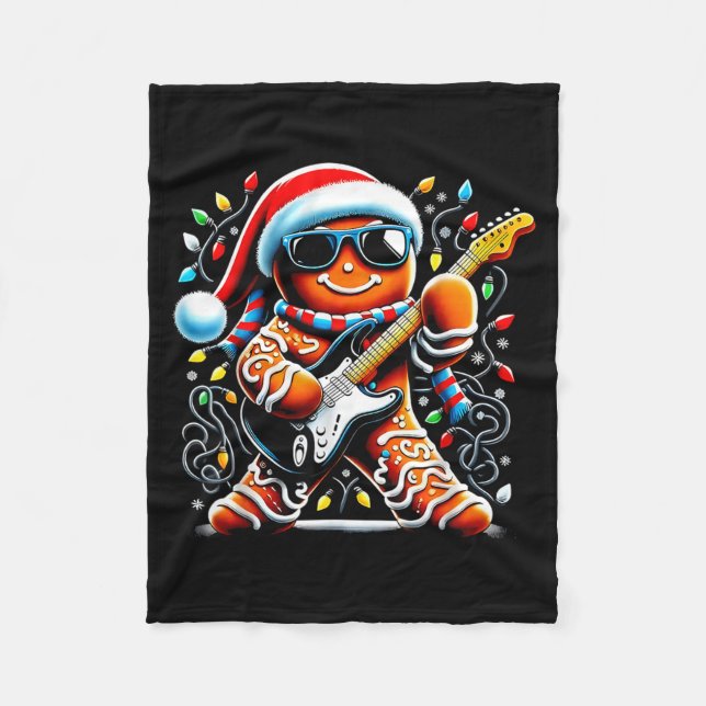 Rock Star Gingerbread Christmas Guitar Lights Men  Fleece Blanket (Front)