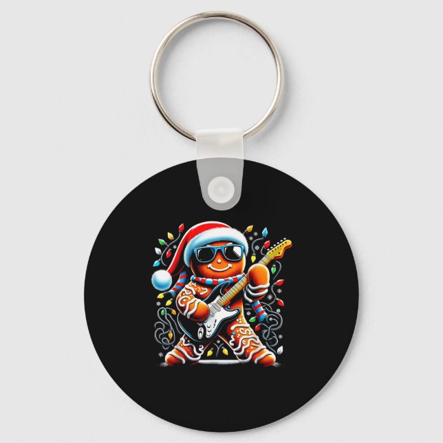Rock Star Gingerbread Christmas Guitar Lights Men  Keychain (Front)