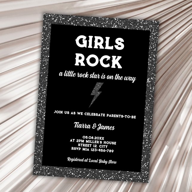Rock Star Girl Baby Shower Black Rock And Roll Invitation (little rock star rock and roll girl baby shower invitation)