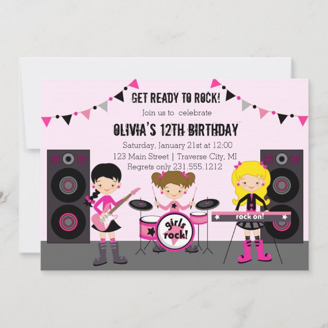 Rock Star Girl Band Birthday Party Invitation (Front)