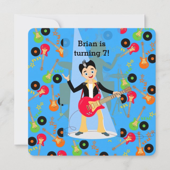 Rock star guitar player birthday party invitation (Front)