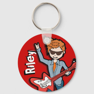 Rock star guitar playing boy graphic name keychain