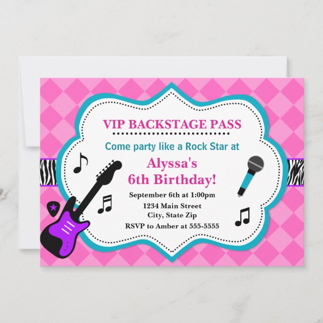 Rock Star Invitation Anniversaire Pop Star Girl (Devant)