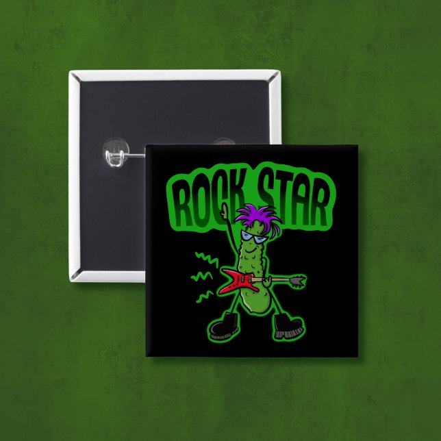 Rock Star Pickle - Funny Cartoon 2 Inch Square Button (Creator Uploaded)
