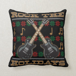 Rock The Holidays Guitar Ugly Christmas Sweater Throw Pillow