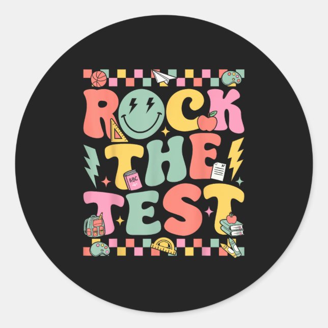 Rock The Test Testing Day Retro Motivational Teach Classic Round Sticker (Front)