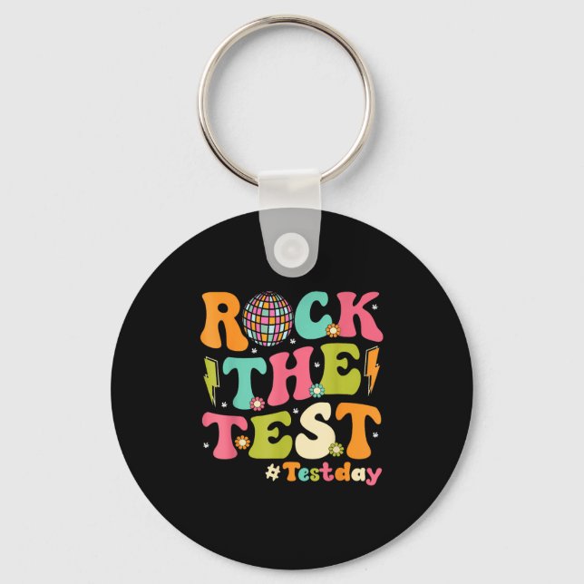 Rock The Test Testing Day Retro Motivational Teach Keychain (Front)