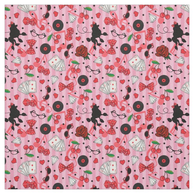 Rockabilly 50s Rocker Poodle Cherries and Roses Fabric (Swatch)