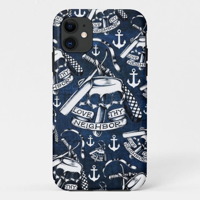 Rockabilly brass knuckles and anchors in navy Case-Mate iPhone case (Back)