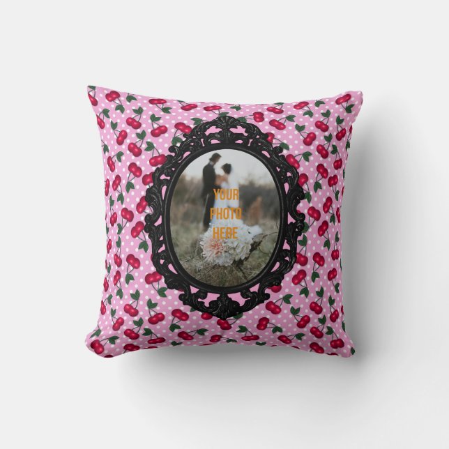 Rockabilly Cherries on Pink Personalize with Photo Throw Pillow (Front)