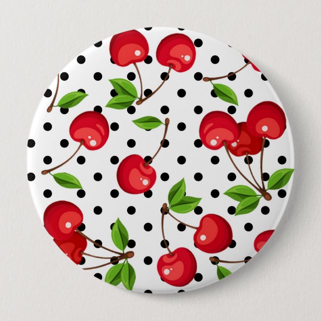 Rockabilly Cherries Polka Dots on White 4 Inch Round Button (Front)