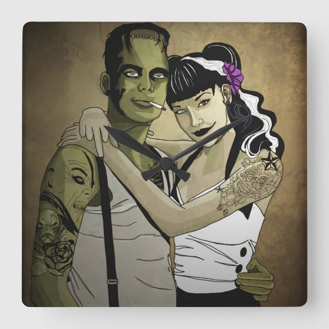 Rockabilly Frank and Bride Square Wall Clock (Front)