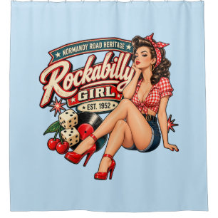 Rockabilly Girl Shower Curtain – 1950s Pin-Up Vint