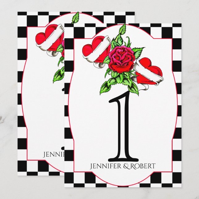 Rockabilly Hearts Rose Wedding Table Number (Front/Back)