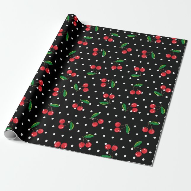 Rockabilly Polka Dots and Cherries Birthday Wrapping Paper (Unrolled)