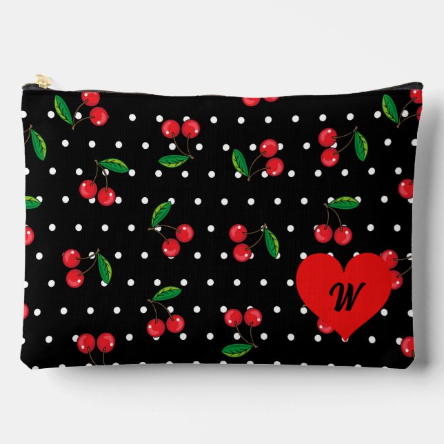 Rockabilly Polka Dots and Cherries Monogram Accessory Pouch (Front)