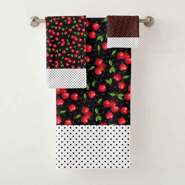 Rockabilly Polka Dots & Cherries on Black Bath Towel Set (Insitu)