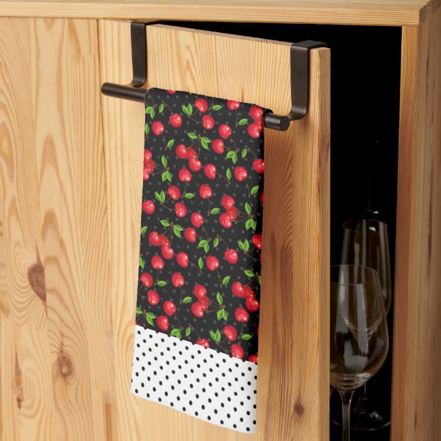 Rockabilly Polka Dots & Cherries on Black Kitchen Towel (Thirds Fold)