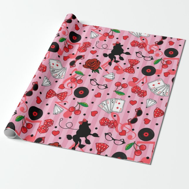 Rockabilly Poodles Cherries and Dice Birthday Wrapping Paper (Unrolled)
