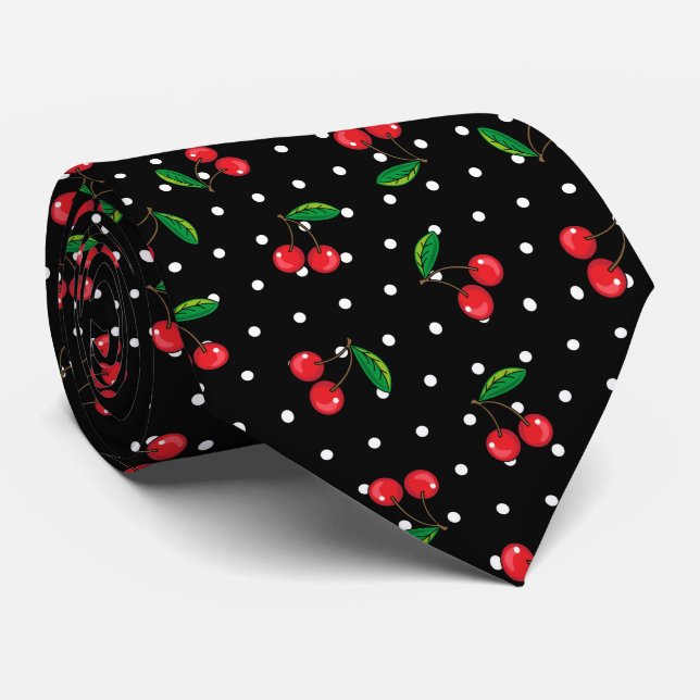 Rockabilly Red Cherries and Polka Dots Black Tie (Rolled)