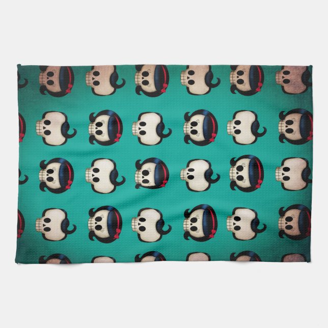 Rockabilly Skulls Pattern Kitchen Towel (Horizontal)