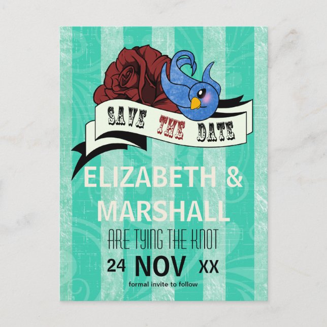 Rockabilly Swallow Tattoo Wedding RSVP Announcement Postcard (Front)