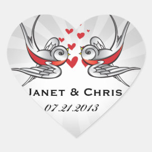 Rockabilly Tattoo Swallows Wedding Save the Date Heart Sticker