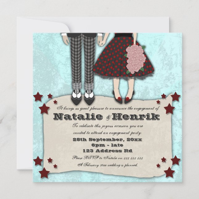 Rockabilly Wedding, 5.25x5.25 engagement Invitation (Front)