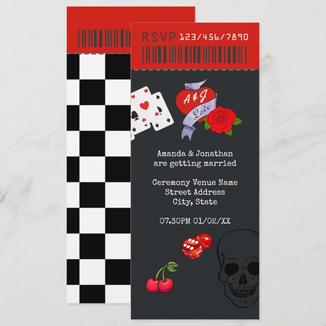 Rockabilly Wedding Ticket Invitation (Front/Back)
