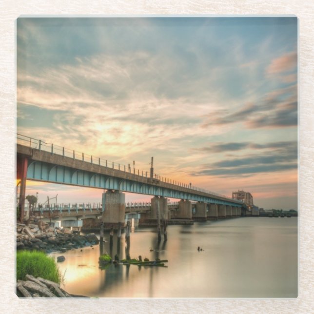 Rockaway Train Bridge Glass Coaster (Front)