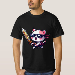 Rocker Cat with Black Glasses and Sword in Style T-Shirt