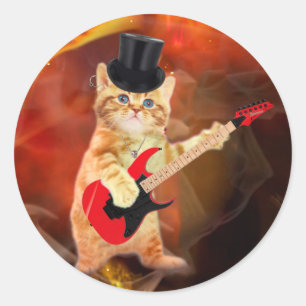 Rocker cat with top hat and guitar classic round sticker