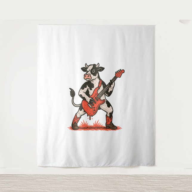 Rocker Cow , Cow Playing Guitar Tapestry (Front)