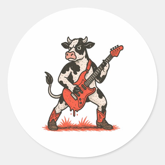 Rocker Cow PNG, Cow Playing Guitar Classic Round Sticker (Front)
