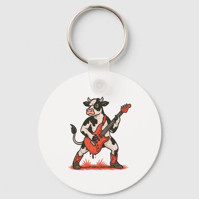 Rocker Cow PNG, Cow Playing Guitar Keychain (Front)