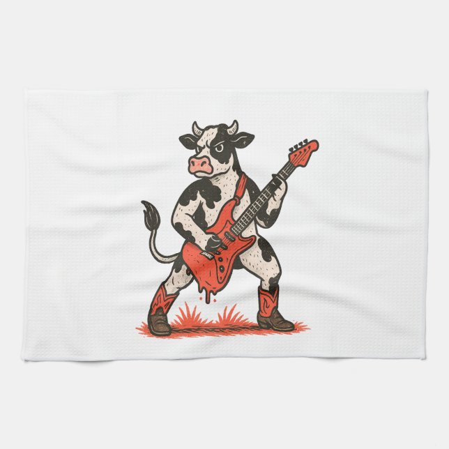 Rocker Cow PNG, Cow Playing Guitar Kitchen Towel (Horizontal)