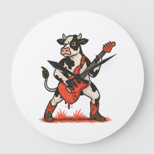 Rocker Cow PNG, Cow Playing Guitar Large Clock