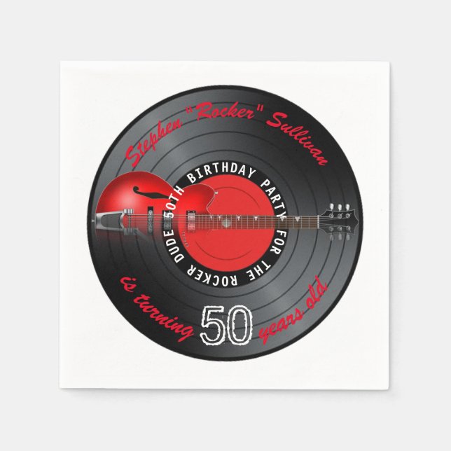 Rocker Dude Guitar Record 50th Birthday Party Napkin (Front)