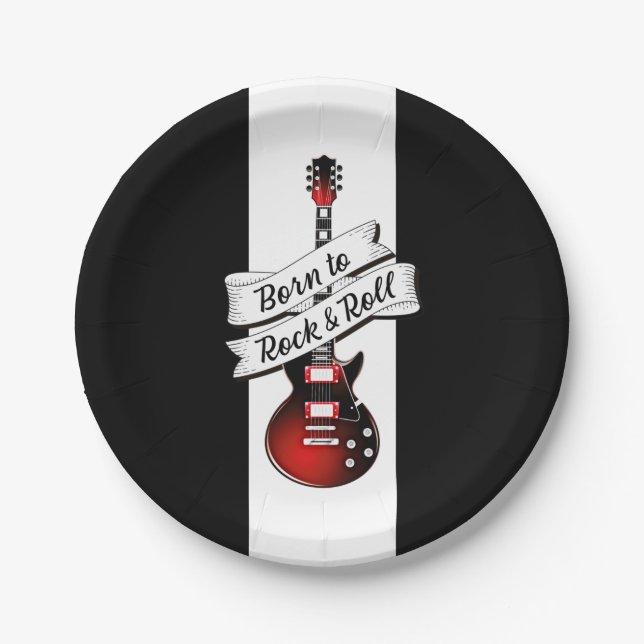 Rocker Guitar Born to Rock and Roll Music Party Paper Plate (Front)
