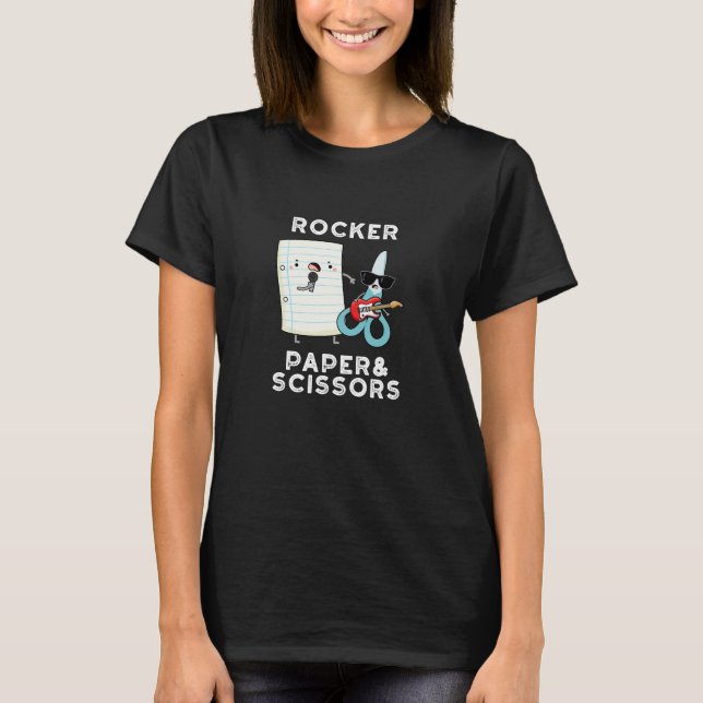 Rocker Paper And Scissors Funny Game Pun Dark BG T-Shirt (Front)