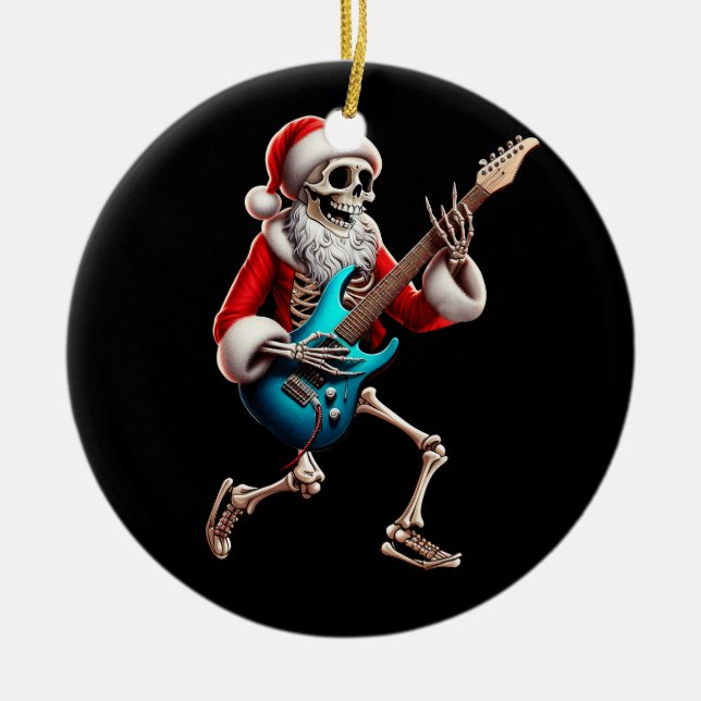 Rocker Santa Skeleton Guitar Horror Christmas Rock Ceramic Ornament (Front)