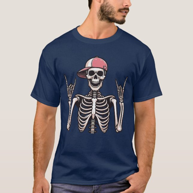 Rocker Skeleton Cap Skater Cool Halloween Punk Roc T-Shirt (Front)