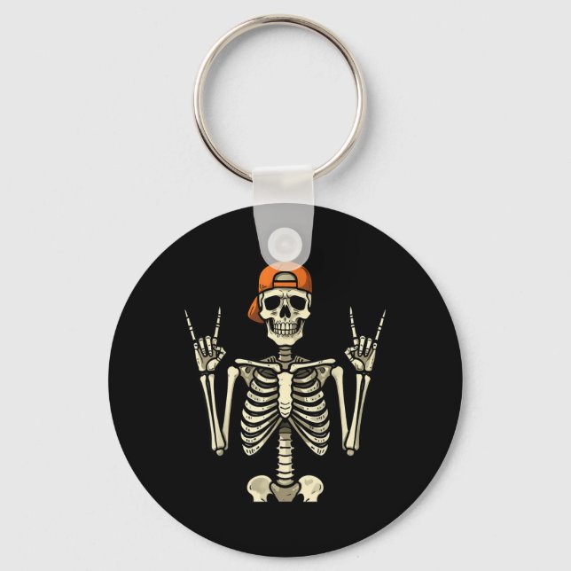 Rocker Skeleton Halloween Baseball Cap Cool Rock Keychain (Front)